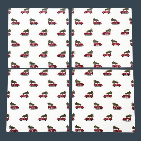 Pottery Barn Placemats Christmas Tree Woody Car Cork Set of 4 Holiday Decor - Picture 1 of 7